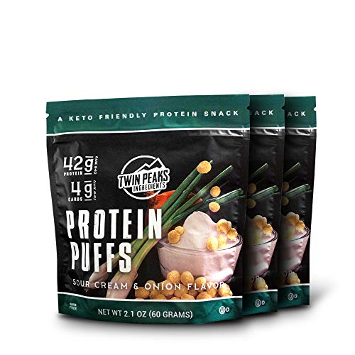 Twin Peaks Low Carb, Keto Friendly Protein Puffs, Sour Cream & Onion, 2 Servings, 3 Pack (60g, 42g Protein, 4g Carbs)