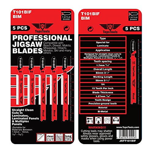 TopsTools T101BIF Lot de 5 lames de scie sauteuse stratifiées compatibles avec Bosch Dewalt Makita Milwaukee et bien plus encore