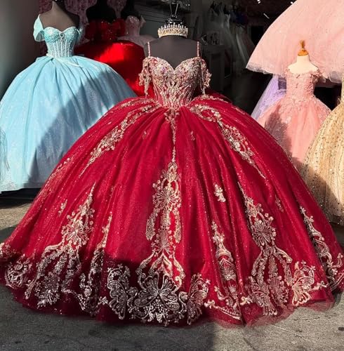 Gold Appliques Quinceanera Dresses Puffy Tulle Ball Gown Beaded Bow Sweet 16 Dresses with Tail Spaghetti Straps PM0024