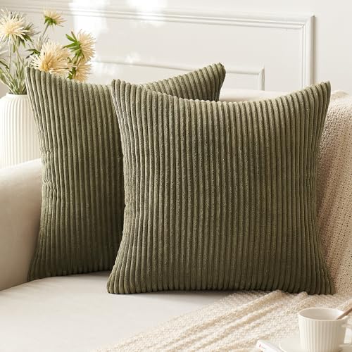 ANRODUO Pack of 2 Olive Green Throw Pillow Covers with Corduroy Cushion Case 18x18 Cute and Soft Boho Throw Pillow Covers Decorative Pillows Covers for Bed Couch Sofa Living Room Euro Fall Decor