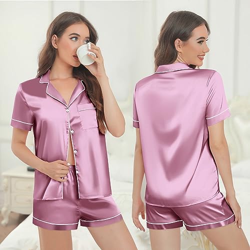 Image of Silk Pajamas for Women Satin Womens PJ Set 2 Piece Short Lounge Set Summer Sleepwear Notch Collar Button-Down Pjs