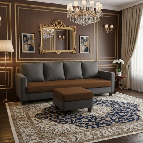 Image of FURNY Arnold 5 Seater L Shape Sofa Set with Movable Ottoman | Flexible Left or Right Layout | Plush Velvet Fabric (Dark Grey-Dark Brown) | Perfect for Living Room, Guest Room & Office