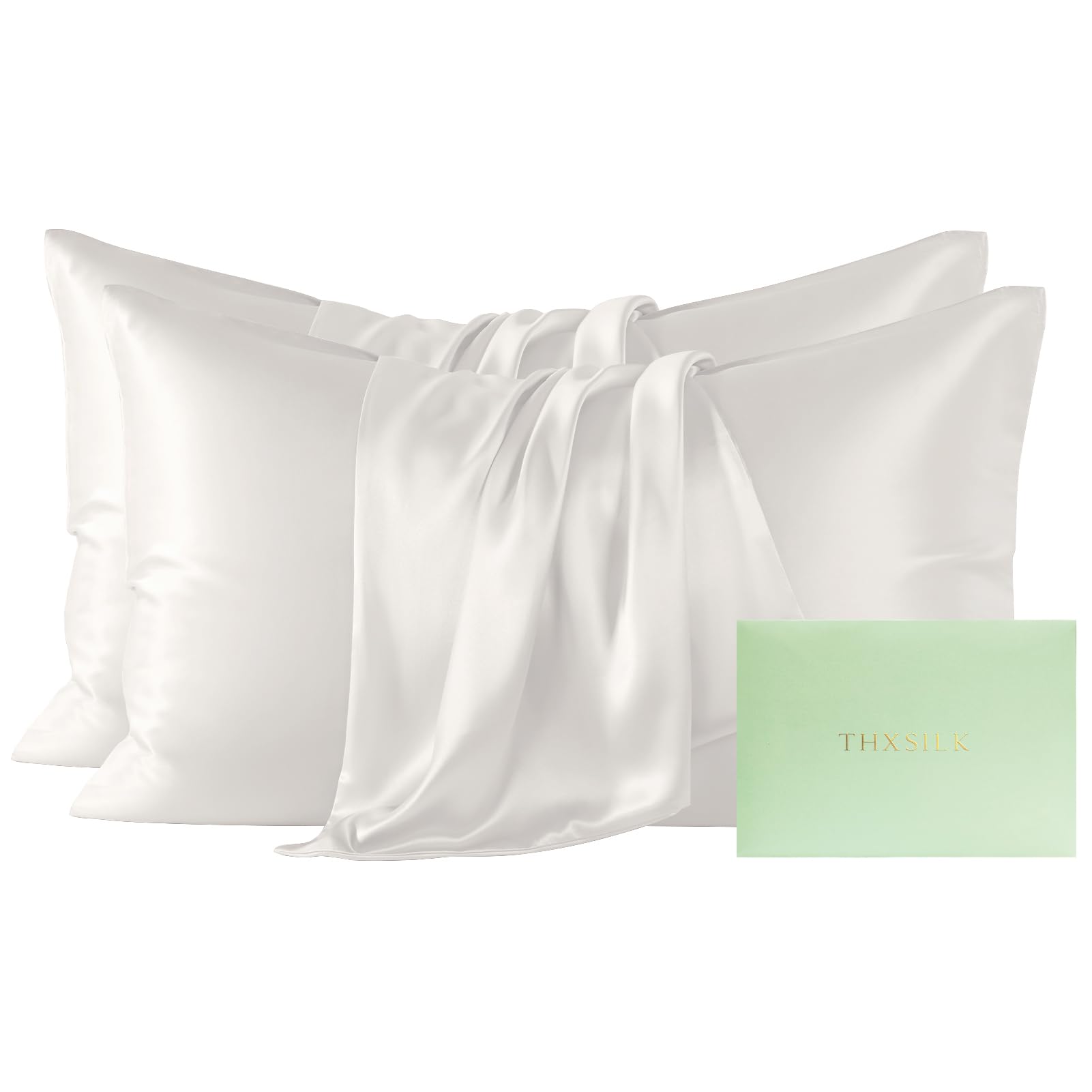 THXSILK Mulberry Silk Pillowcase Set, 2 Pcs, King Size Pillowcase, White