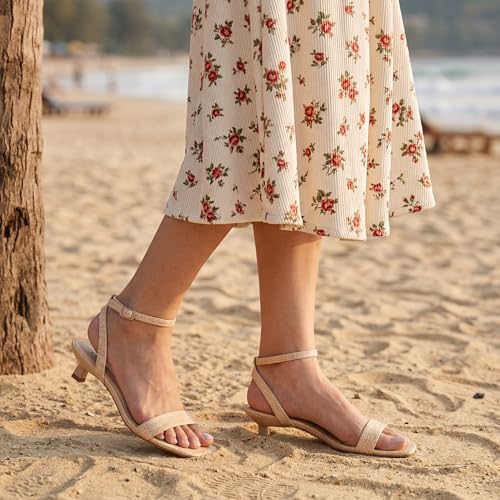 Image of Women Kitten Heel Sandals Ankle Strap Heeled Sandals Square Open Toe Dress Party Shoes