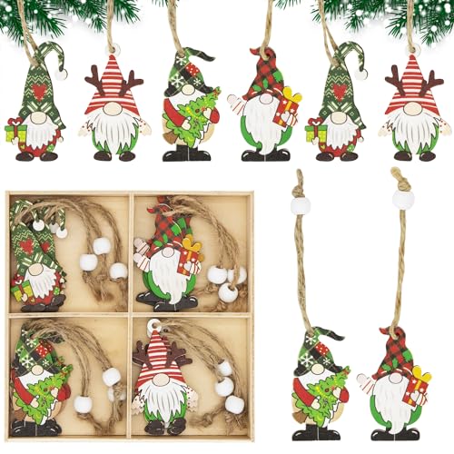 CHEERYMAGIC Wooden Christmas Tree Decoration,12PCS Christmas Wooden Ornaments Gnomes Tree Pendant Xmas Hanging Ornaments Xmas Party Decoration Gifts Tags A4WLLRGJ (A)