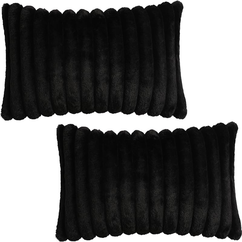 Tennove Cushion Covers 30x50cm Soft Faux Fur Plush Cushion Pillowcase Decorative Striped Fluffy Throw Pillow Covers Pack of 2 for Home Sofa Bedroom Decor, Black โ image 1