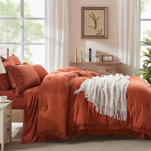 Image of Andency Oversized King Comforter Set with Sheets 128x120 Terracotta - 7 Pieces Bed in a Bag Boho Soft Lightweight Bedding Sets, Tassel Bed Set with Comforter, Sheets, Pillowcases & Shams