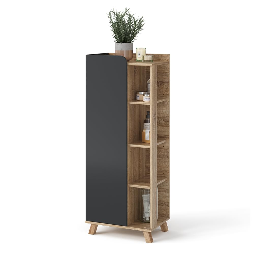 Vicco Mueble Midi Karen, Sonoma/Antracita, 50 x 128 cm con Puerta y Compartimentos Abiertos, para Guardar artículos de baño y Toallas