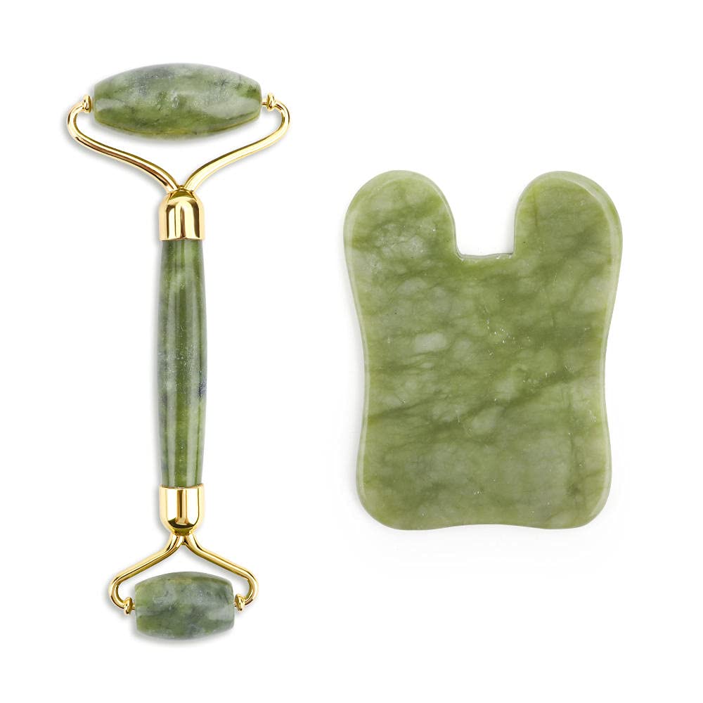 Juego de herramientas de masaje facial de rodillo de jade masajeador facial de piedra natural Guasha tabla de masaje Gua Sha Raspador de jade Rodillo y kit de guasha-juego cóncavo sin caja