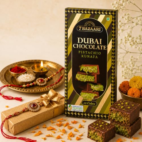 Image of 7BAZAARI Rakhi Gift Hamper: Premium Dubai Kunafa Pistachio Chocolate (10 Pcs) | Luxury Raksha Bandhan Gourmet Treats