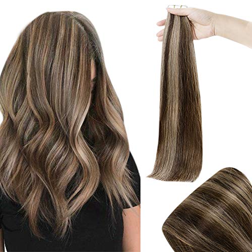 RUNATURE Hair Extensions Tape in 22inch Skin Weft Hair Extensions Dark Brown with Ash Brown Highlight Chestnut Brown Ash Brown Hair Extensions 50g 20pcs Tape in Hair Extensions Human Hair