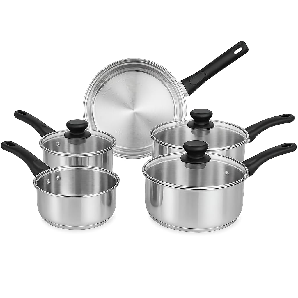 Acense 5-Piece Stainless Steel Induction Cookware Set – Black Handle (Milk Pan, Saucepans & Frying Pan) – Durable, Easy-Clean, Dishwasher Safe