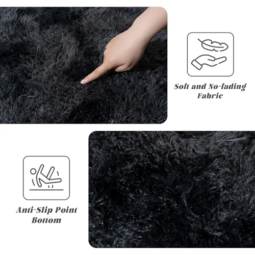 Tie-Dyed Black Rugs for Bedroom 4x5.9 ft - Ultra Soft Faux Fur Area Rug - Plush Non-Slip Shaggy Carpet for Living Room, Cozy Fluffy Rug for Kids Boys Girls Dorm Nursery Room, High Pile Floor Carpet