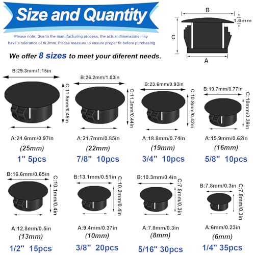 Image of Tnisesm 135Pcs 8 Sizes Nylon Plastic Hole Plugs Black 1 /4 inch 5 /16 inch 3 /8 inch 1 /2 inch 5 /8 inch 3 /4 inch 7 /8 inch 1 inch Round Drill Hole, Furniture Cabinet Insert End Caps Industrial Hardware Biscuits & Plugs