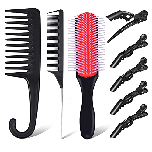 Detangling Comb and Brush Set, MORGLES 8PCS Curly Hair Brush Wide Tooth Comb with Hair Parting Comb 5PCS Alligator Hair Clips Detangling Brush Set for Black Natural Curly Hair