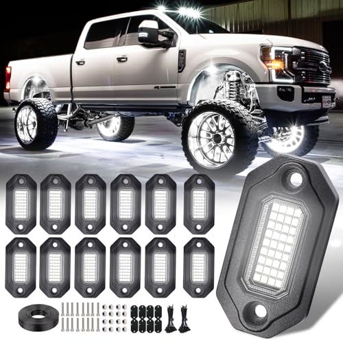 12Pods Metal Bright Pure White LED Rock Lights Kit Per pod provided 15FT Power Cord 6500K 36LEDs Neon Underglow Light Aluminum Waterproof Fender Lights for Trucks Trailer Jeep Off Road ATV UTV