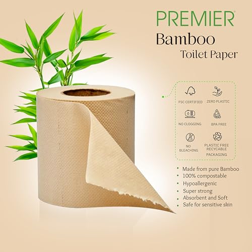 Image of Premier 2-Ply Bamboo Toilet Tissue Rolls (720 Pulls) (180 x 4 Rolls) | Tissue Paper Roll, Toilet Paper Roll - Eco Friendly, Soft & Highly Absorbent, 100% Natural Bamboo, Biodegradable & Clog Free