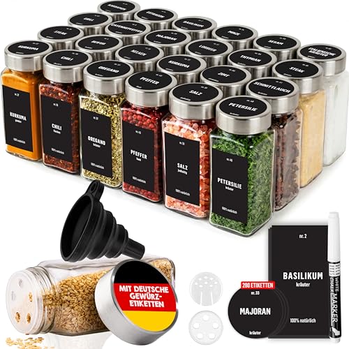 Deco haus® Gewürzgläser eckig luftdicht 24er Set [inkl. Etiketten & Streueinsatz] - Gewürzdosen...