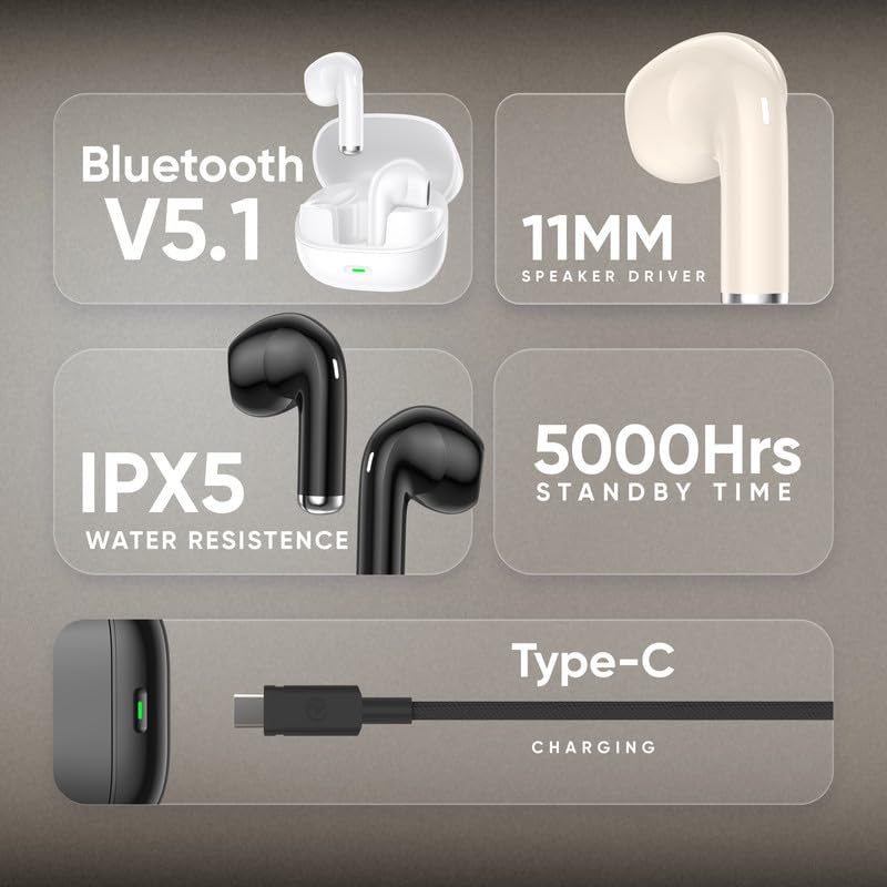 Image of Robotek Pocket Pro True Wireless Earbuds | 5000 Standby Time | Lightweight & Durable Design | IPX5 Water Resistant | 11mm Bass Drivers Ear Buds TWS, Made in India (White)