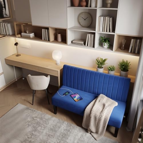 Image of Navy Blue Velvet Armless Loveseat with USB, Small Couch for Living Room | Mini Sofa and Love Seat, Comfy Velvet Couch with Armless Design and USB Port, Apartment Office Dorm Small Spaces, Navy Blue