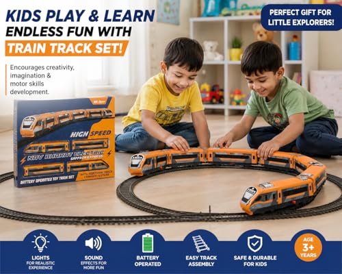 Image of Vande Bharat Express Bullet Train Toy for Kids Battery Operated with Tracks & Coaches, Electric Locomotive Model, Interlocking Railway Track & Track Changer Gift for Boys Girls