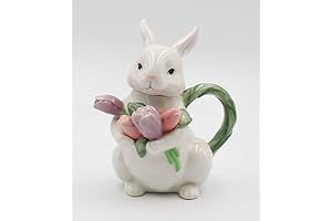 Fine Ceramic Bunny Rabbit with Tulips Flower Teapot