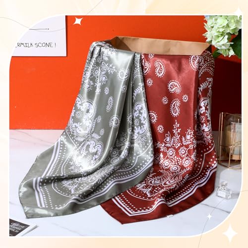 SATINIOR 35 Inch Silky Head Scarf 2 Pcs Large Square Neck Scarf Sleeping Hair Wrapping Satin Bandana for Women(Brown, Light Green,Ethnic Style)4