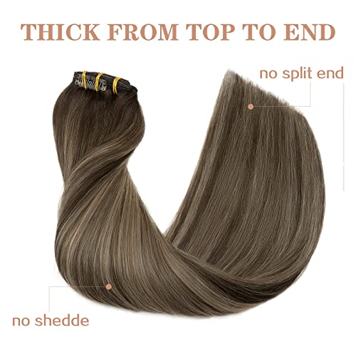 Image of S-noilite Clip in Hair Extensions Real Human Hair 20 Inch Balayage Dark Brown Mixed Chestnut Brown 7pcs 120g Double Weft Thick Silky Seamless Remy Clip in Hair Extensions-#(T2 /6) /2