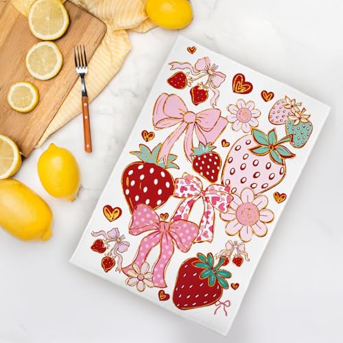 Image of Coquette Strawberry Kitchen Towels, Cute Girly Strawberry Hand Towels for Bathroom Decor, Preppy Pink Bow Fruit Strawberries Dish Tea Towels for Kitchen, 16x24 Inch