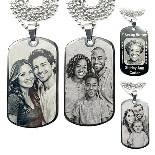 Personalized Photo Dog Tag Necklace, Custom Engraved Picture & Text Pendant, Stainless Steel Memorial Keepsake Gift for Mom Dad Husband Wife & Pet Lovers