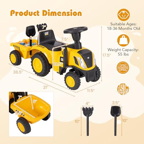 Costzon 658C Kids Ride On Tractor, 2-In-1 Licensed Caterpillar Ride On Push Car W/Detachable Trailer, Horn, Led Lights, Rake & Shovel, Foot-To-Floor Sliding Car Gift W/No Power, Ride On Toy thumb #5