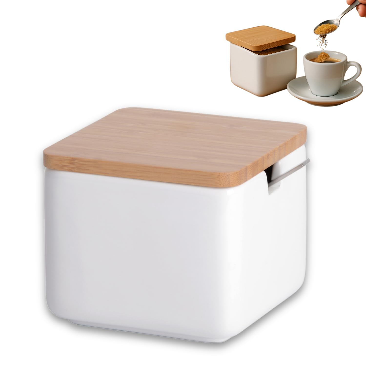 Zuccheriera In Ceramica Con Coperchio In Bambù - Elegante E Pratica Per Zucchero, Formaggio E Spezie - Foto 4