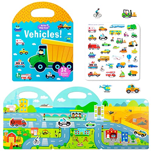 RUSON Portable Jelly Quiet Busy Sticker Book, Vehicles Reusable Books for Kids,...