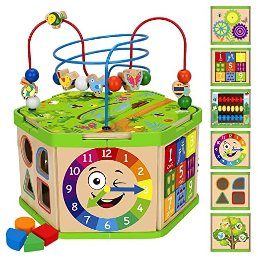 V-Opitos Learning Toys for Toddler 1, 2, 3 Years Old, 7 in 1 Wooden Activity Cube, Montessori Early Educational Toys for Baby 12-18 Months, Ideal First Birthday, for Kids Boys