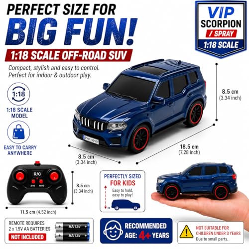 Image of The Flyers Bay 1:18 Scale Scorpio-Style Remote Control SUV Car for Kids | 2.4GHz Long Range Remote, Spray Mist Effect, Police Lights & Siren, Rechargeable Battery (Blue)