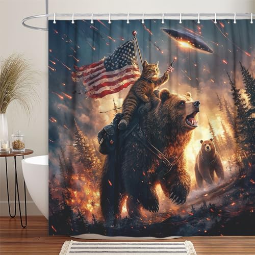 Image of Funny Bear Boys Shower Curtain, Cool Cat Riding Bear on Rustic Cabin Forest Woodland, Funky Anime UFO Spaceship Animal Shower Curtain Kids Men Boys Decor with Hooks, 70X75IN
