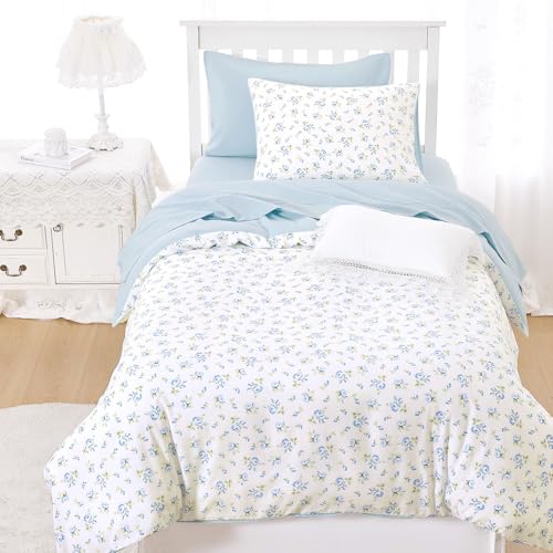 Image of Wake In Cloud - Floral Comforter Set, Coquette Cottagecore Aesthetic Flower Shabby Chic Pattern for Women Teen Girls, Soft Lightweight Bedding, 3 Pieces, White Blue, Twin /Twin XL Size