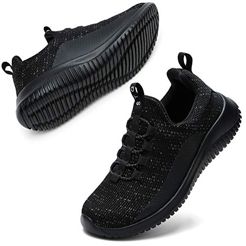 STQ Girls Sneakers Kids Breathable Lightweight Slip On Walking Shoes All Black US 6 M Big Kid