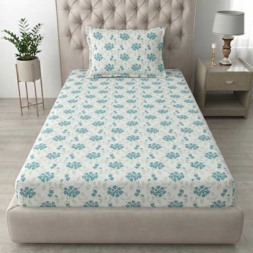 Image of Mafatlal 186 TC Grace Cotton Bedsheet for Single Bed | 154 x 228 cm | Soft, Durable & Breathable Fabric | Includes Pillow Cover | Blue Grass