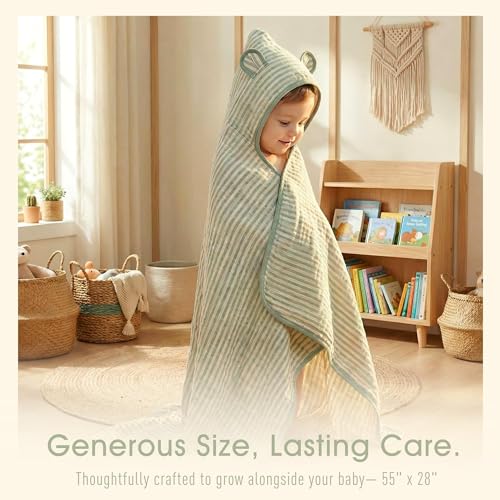 Image of Ultra-Soft Muslin Toddler Hooded Towel - 55 x 28 Inches, Made with Organic Cotton, Gender-Neutral Sage Green Striped Jacquard Pattern, Ideal for Bath & Beach, Newborn to Toddler