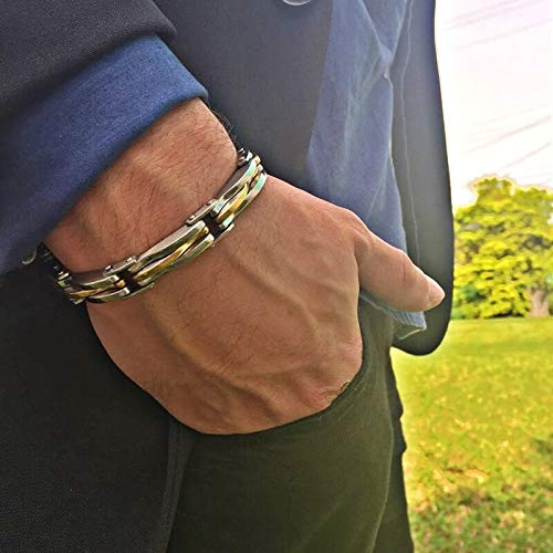 Pulseira de Aço com Filetes Banhados a Ouro 18K