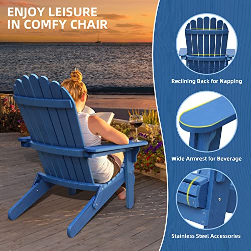 Dwvo Folding Adirondack Chair, Weather Resistant Poly Resin Fire Pit Chairs, Wood Grain Polystyrene Outdoor Chairs For Patio Pool Deck Lawn And Garden, Navy Blue #TOP4