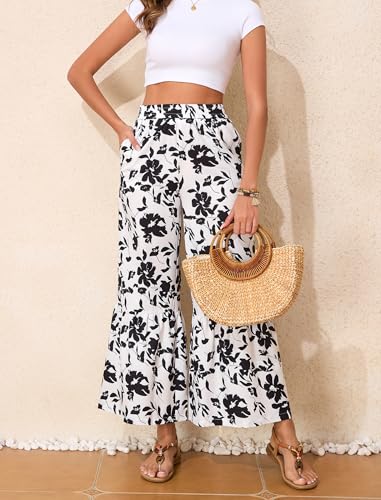 Palazzo Pants for Women Summer Beach Elastic Waisted Trousers with Pockets Wide Leg Loose Fit Pants Black Floral XXL2