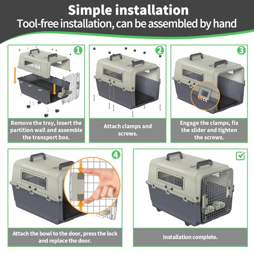 Eldzenith Katzentransportbox, Transportbox Hund mit Sicherheitsverriegelung und LüFtungsgitter, katzenbox für Flugreisen mit Urinbarriere Schalen FressnäPfe und Tragegriff(S, 50×33×33cm)