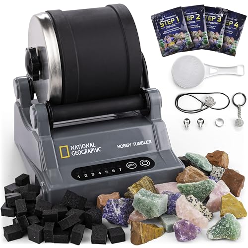 NATIONAL GEOGRAPHIC Hobby Rock Tumbler Kit - Rock Polisher for Kids & Adults Durable Noise-Reduced Barrel Rocks Grit & New GemFoam for a Shiny Finish Cool Toys Great STEM Hobby Kit