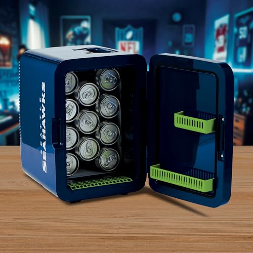 Image of Ukonic NFL Seattle Seahawks 15-Can Mini Fridge 10L - AC /DC Powered, Official Team Colors & Logo, Portable Cooler for Tailgates, Home, Office, or Car