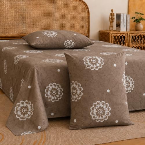 Image of Castiqa Elastic Fitted Supersoft Premium Polycotton 200TC King Size Bedsheets with 2 Pillow Covers | No Slip Bedsheet | (Brown Sn Floral, King (72x78 Upto 10 inch Mattress))