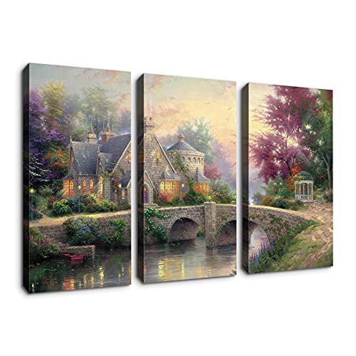 Denozer - 3 Panels Canvas Wall Art Thomas Kinkade Garden Landscape Oil Painting for Home Decor Stretched and Framed Ready to Hang - 24