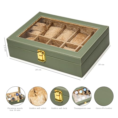 Image of NAAZS Premium Green Leather Watch Organizer Box - 10 Slot Display Case with Velvet Cushions & Transparent Lid for Men's Wrist Watches, Jewelry Storage Gift Box for Men & Women, Travel & Home Use