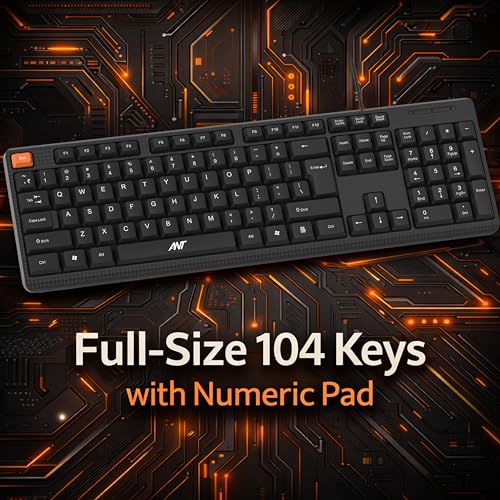 Image of Ant Master 05 Wired USB Keyboard - Full-Size 104 Keys with Numeric Pad | Membrane Silent Typing, 1.3m Cable, Plug & Play | Ergonomic Office & Home Keyboard for PC, Laptop, Mac & Linux - Black